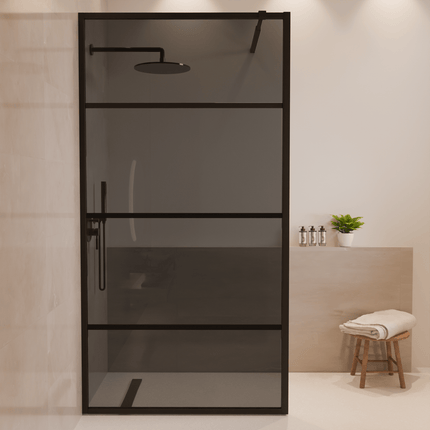 Paroi de douche design en verre fumé rayé avec profilé aluminium noir - Noir - 100 x 200 cm - Tacna