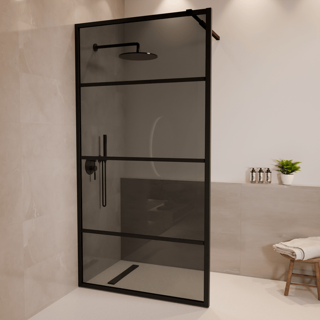 Paroi de douche design en verre fumé rayé avec profilé aluminium noir - Noir - 100 x 200 cm - Tacna
