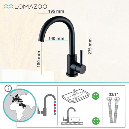 Robinet de lavabo avec vasque posée - noir mat - Juno