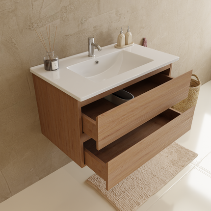 Meuble de salle de bains suspendu chêne clair avec lavabo marbre minéral blanc - 80 cm - Marenza