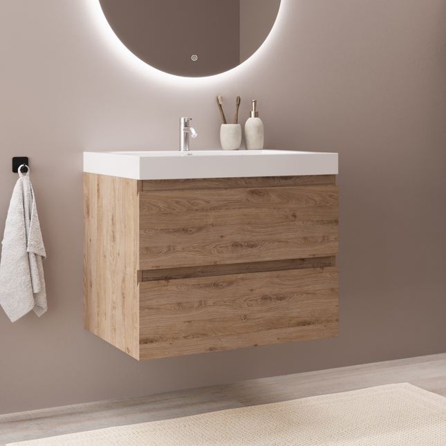 Meuble de salle de bain suspendu chêne clair avec vasque blanche - 60 cm - Monaco