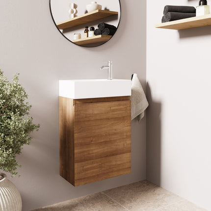 Meuble WC suspendu design épuré avec vasque blanche - Chêne chaud - 40 cm - Malibu