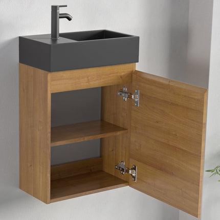 Meuble suspendu chêne chaud avec vasque lavabo noire - 40 cm - Malibu