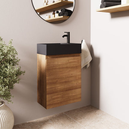 Meuble suspendu chêne chaud avec vasque lavabo noire - 40 cm - Malibu