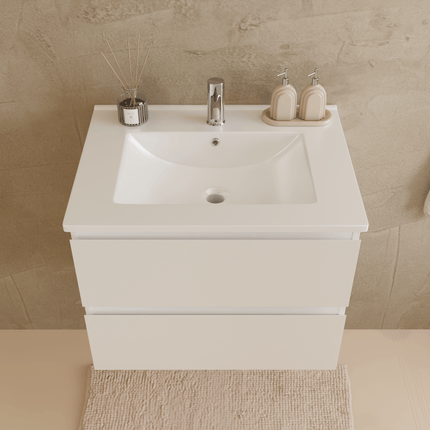 Meuble de salle de bains suspendu design avec vasque en marbre minéral - blanc brillant - 60 cm - Marenza