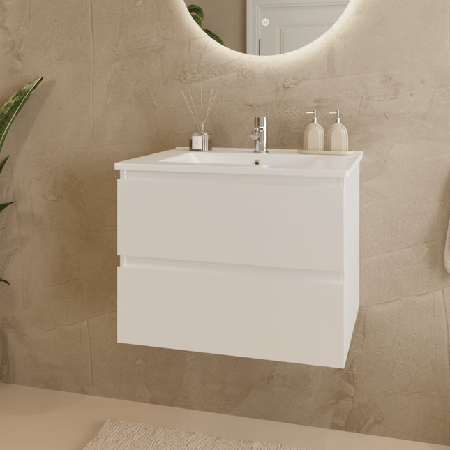 Meuble de salle de bains suspendu design avec vasque en marbre minéral - blanc brillant - 60 cm - Marenza