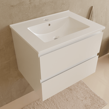 Meuble de salle de bains suspendu design avec vasque en marbre minéral - blanc brillant - 60 cm - Marenza