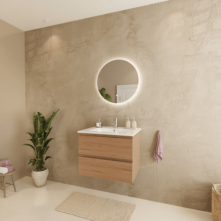 Meuble suspendu chêne clair avec vasque minérale blanche - 60 cm - Marenza