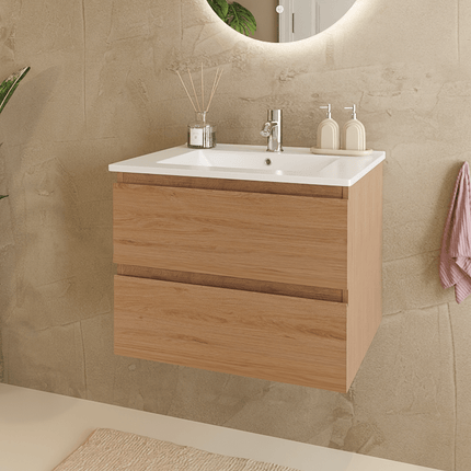 Meuble suspendu chêne clair avec vasque minérale blanche - 60 cm - Marenza
