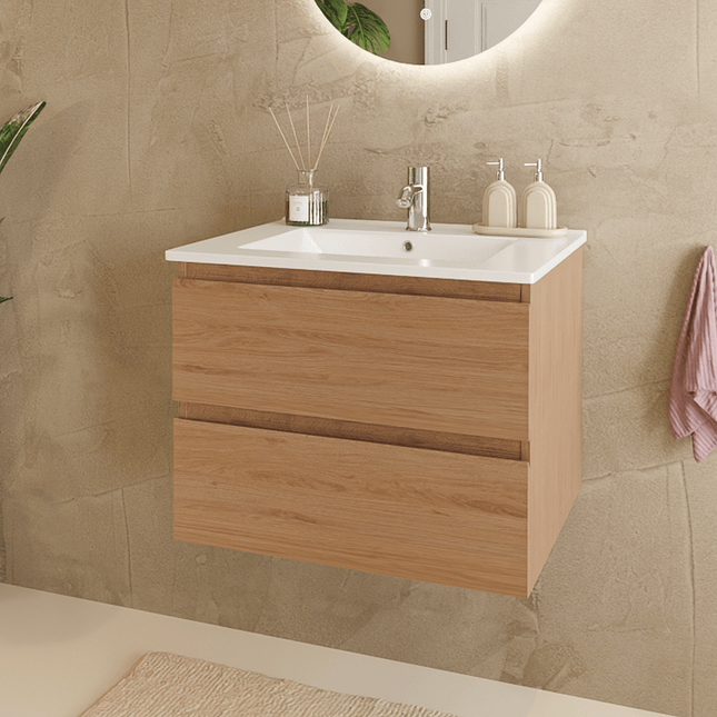 Meuble suspendu chêne clair avec vasque minérale blanche - 60 cm - Marenza