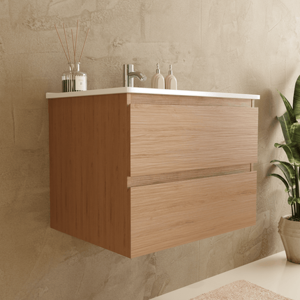 Meuble suspendu chêne clair avec vasque minérale blanche - 60 cm - Marenza