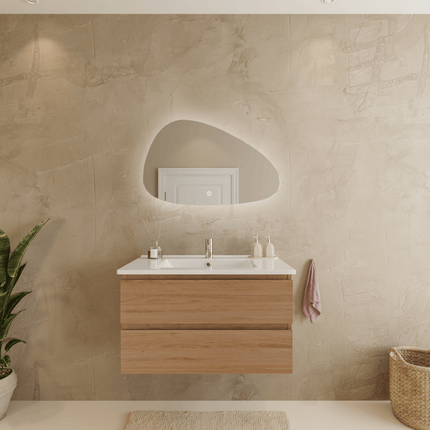 Meuble de salle de bains suspendu chêne clair avec lavabo marbre minéral blanc - 80 cm - Marenza