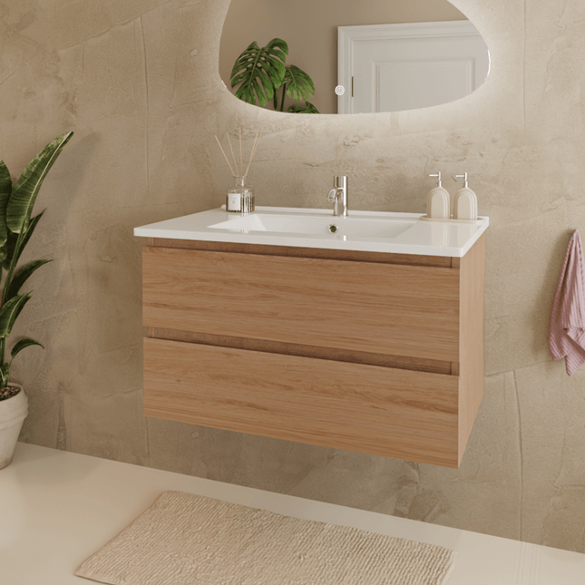 Meuble de salle de bains suspendu chêne clair avec lavabo marbre minéral blanc - 80 cm - Marenza