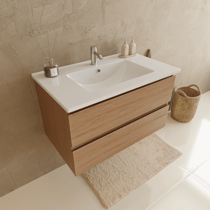 Meuble de salle de bains suspendu chêne clair avec lavabo marbre minéral blanc - 80 cm - Marenza
