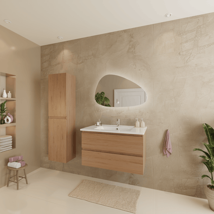 Meuble de salle de bains suspendu chêne clair avec lavabo marbre minéral blanc - 80 cm - Marenza