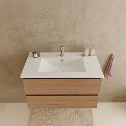 Meuble de salle de bains suspendu chêne clair avec lavabo marbre minéral blanc - 80 cm - Marenza