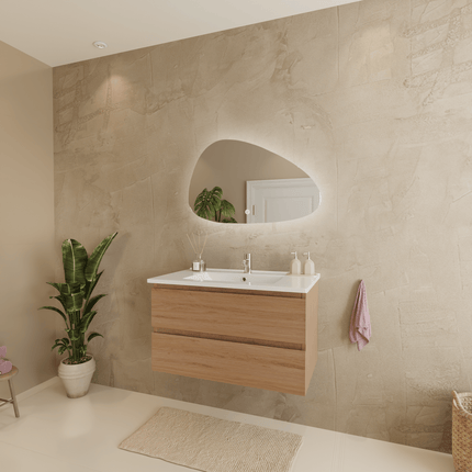 Meuble de salle de bains suspendu chêne clair avec lavabo marbre minéral blanc - 80 cm - Marenza
