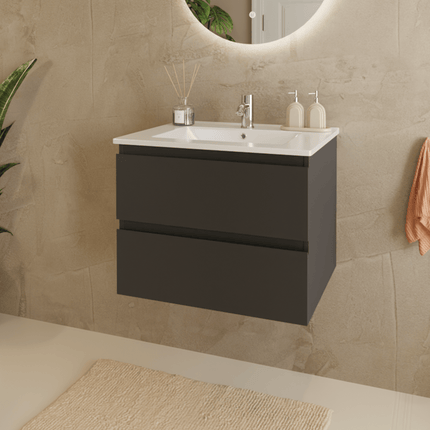 Meuble de salle de bain suspendu mat noir avec vasque blanche - 60 cm - Marenza
