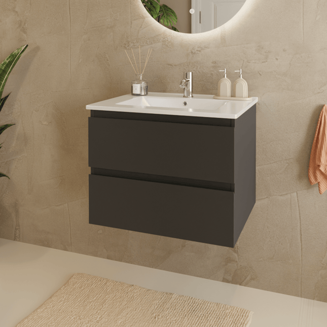 Meuble de salle de bain suspendu mat noir avec vasque blanche - 60 cm - Marenza