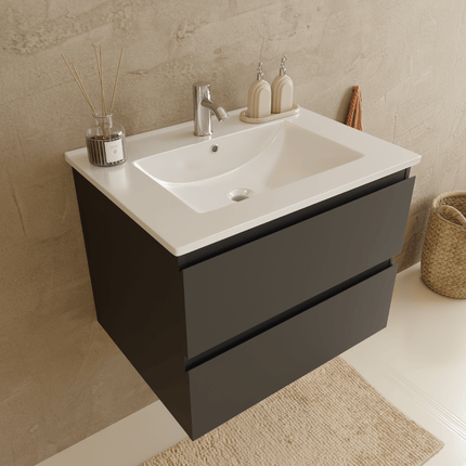 Meuble de salle de bain suspendu mat noir avec vasque blanche - 60 cm - Marenza