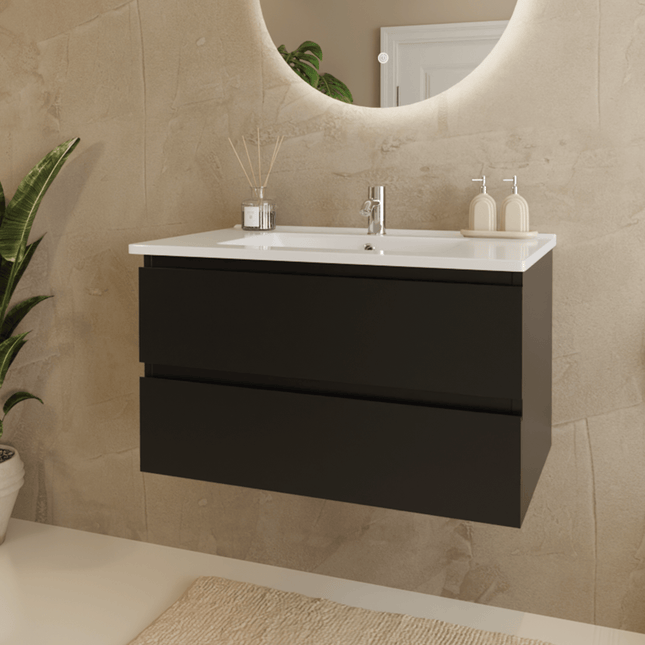 Meuble de salle de bains suspendu design avec lavabo en marbre minéral - Noir et blanc - 80 cm - Marenza