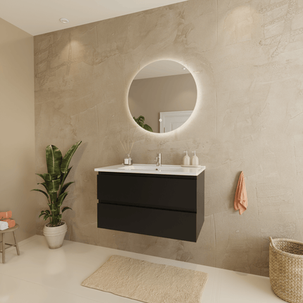 Meuble de salle de bains suspendu design avec lavabo en marbre minéral - Noir et blanc - 80 cm - Marenza