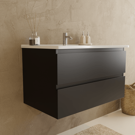 Meuble de salle de bains suspendu design avec lavabo en marbre minéral - Noir et blanc - 80 cm - Marenza