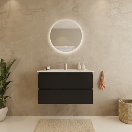 Meuble de salle de bains suspendu design avec lavabo en marbre minéral - Noir et blanc - 80 cm - Marenza