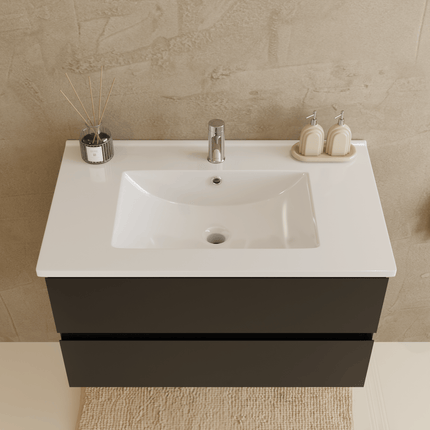 Meuble de salle de bains suspendu design avec lavabo en marbre minéral - Noir et blanc - 80 cm - Marenza