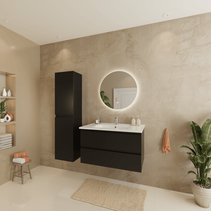 Meuble de salle de bains suspendu design avec lavabo en marbre minéral - Noir et blanc - 80 cm - Marenza