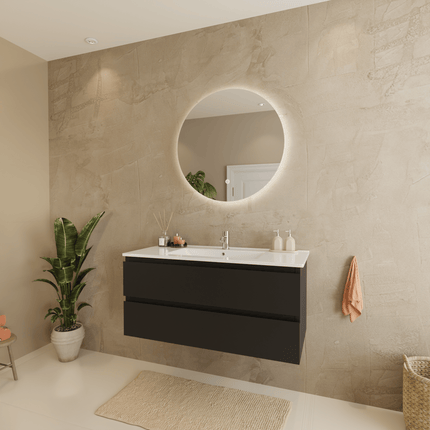 Meuble de salle de bains suspendu design mat avec vasque en marbre minéral - Noir et blanc - 100 cm - Marenza