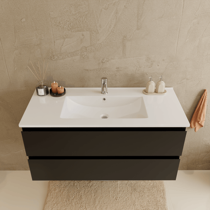 Meuble de salle de bains suspendu design mat avec vasque en marbre minéral - Noir et blanc - 100 cm - Marenza