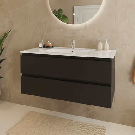 Meuble de salle de bains suspendu design mat avec vasque en marbre minéral - Noir et blanc - 100 cm - Marenza
