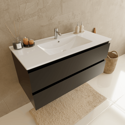 Meuble de salle de bains suspendu design mat avec vasque en marbre minéral - Noir et blanc - 100 cm - Marenza