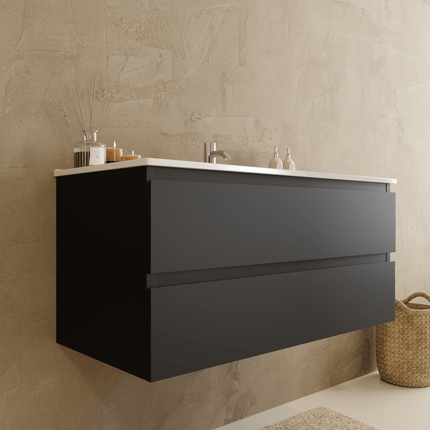 Meuble de salle de bains suspendu design mat avec vasque en marbre minéral - Noir et blanc - 100 cm - Marenza
