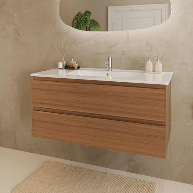 Meuble de salle de bains suspendu finition chêne avec vasque en marbre minéral - blanc - 100 cm - Marenza