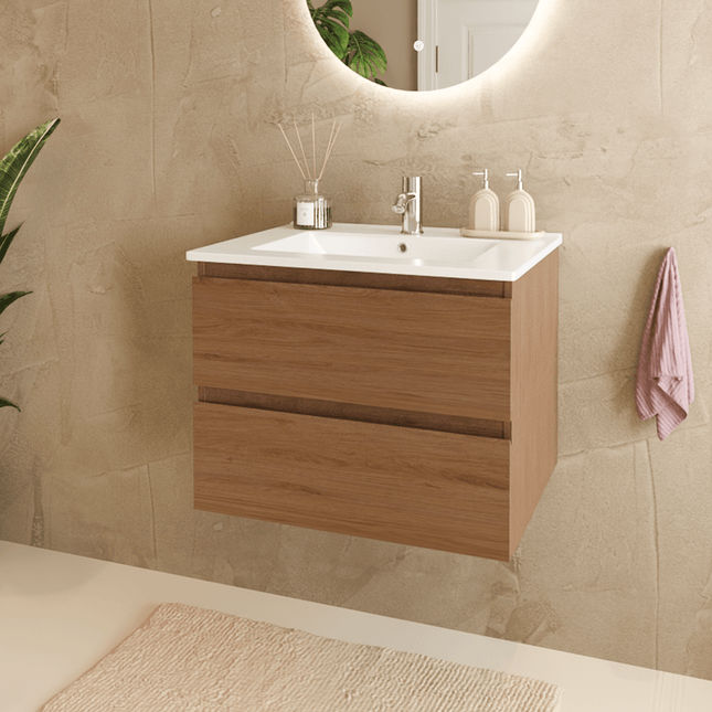 Meuble de salle de bain suspendu design avec vasque en marbre minéral - blanc - 60 cm - Marenza