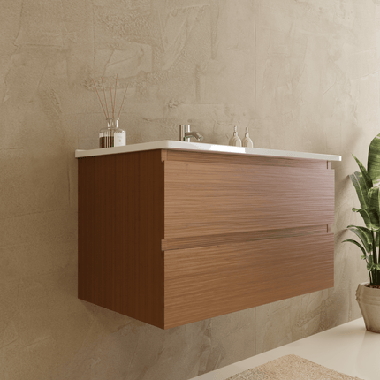 Meuble suspendu design avec vasque en marbre minéral - blanc - 80 cm - Marenza