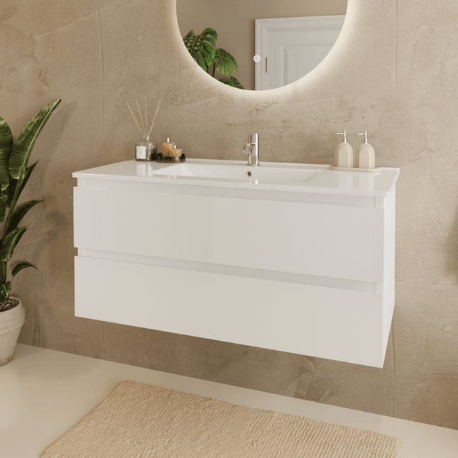 Meuble de salle de bains suspendu design avec vasque en marbre minéral - blanc - 100 cm - Marenza