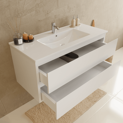 Meuble de salle de bains suspendu design avec vasque en marbre minéral - blanc - 100 cm - Marenza