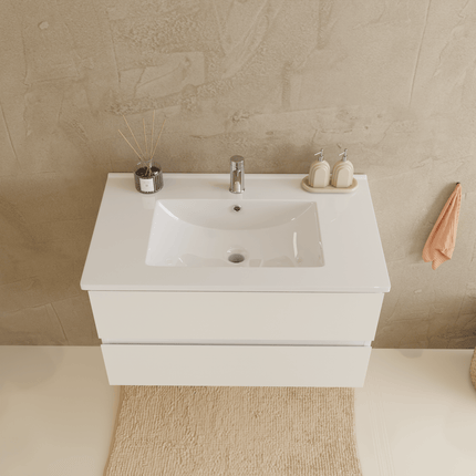 Meuble de salle de bain suspendu design épuré avec vasque en marbre minéral - blanc - 80 cm - Marenza