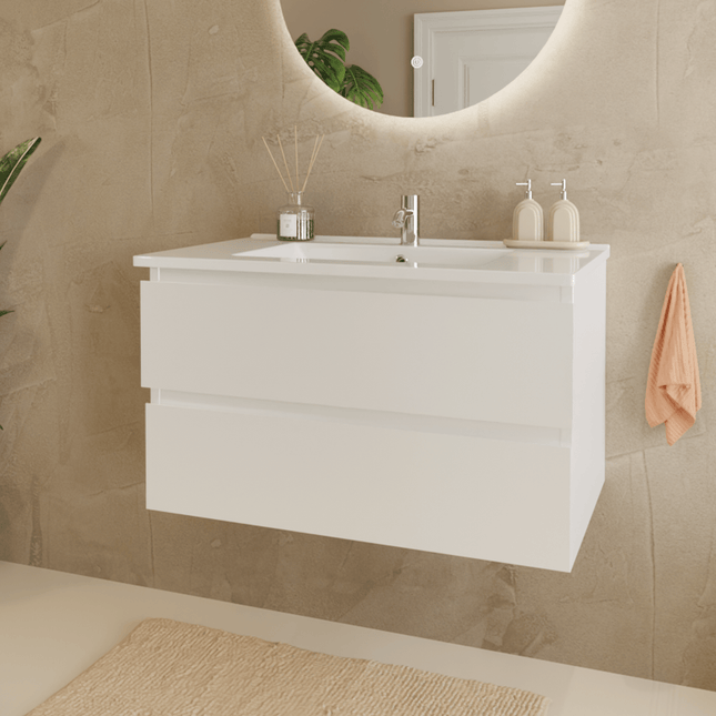 Meuble de salle de bain suspendu design épuré avec vasque en marbre minéral - blanc - 80 cm - Marenza