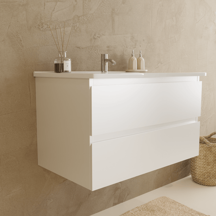 Meuble de salle de bain suspendu design épuré avec vasque en marbre minéral - blanc - 80 cm - Marenza