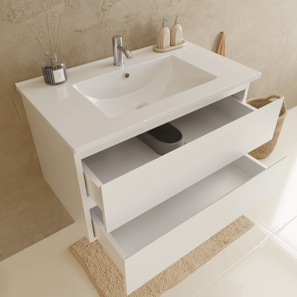 Meuble de salle de bain suspendu design épuré avec vasque en marbre minéral - blanc - 80 cm - Marenza