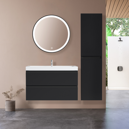 Meuble de salle de bain suspendu design mat noir avec vasque blanche - 80 cm - Avalon