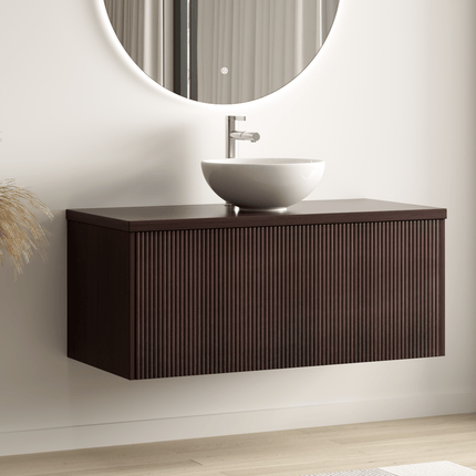 Meuble de salle de bain suspendu à nervures arrondies avec vasque blanche en céramique - noyer - 100 cm - Messina