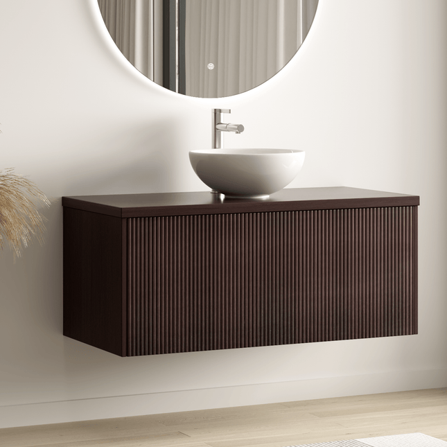 Meuble de salle de bain suspendu à nervures arrondies avec vasque blanche en céramique - noyer - 100 cm - Messina