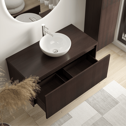 Meuble de salle de bain suspendu à nervures arrondies avec vasque blanche en céramique - noyer - 100 cm - Messina