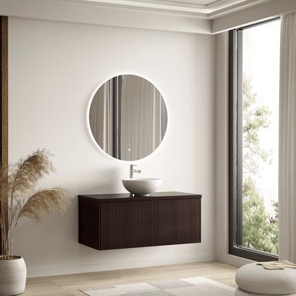 Meuble de salle de bain suspendu à nervures arrondies avec vasque blanche en céramique - noyer - 100 cm - Messina