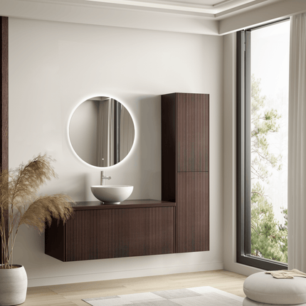 Meuble de salle de bain suspendu à nervures arrondies avec vasque blanche en céramique - noyer - 100 cm - Messina